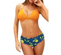 SHEKINI Damen Triangle Bikini Set Wellige Bademode Bunt Blumenmuster Badeshorts Sommer Zweiteiliger für Frauen Neckholder Schnürung Badeanzug（M，Orange Druck-Gelb）