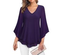 SHEKINI Damen V-Ausschnitt Einfarbig Rüschenärmel Chiffonbluse 3/4 Ärmel Glockenärmeln Flowy Tuniken Damenhemd Doppellagig Elegant Plissiert Chiffon Blusentop…