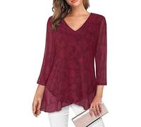 SHEKINI Damen V-Ausschnitt Leichte Mesh Tuniken Hemd Glockenärmeln 3/4 Ärmel Lässig Chiffonbluse Elegant Schnüren Chiffon Rüschen Asymmetrischer Saum Damenbluse