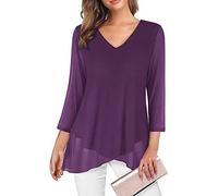 SHEKINI Damen V-Ausschnitt Leichte Mesh Tuniken Hemd Glockenärmeln 3/4 Ärmel Lässig Chiffonbluse Elegant Schnüren Chiffon Rüschen Asymmetrischer Saum Damenbluse