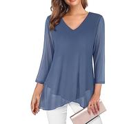 SHEKINI Damen V-Ausschnitt Leichte Mesh Tuniken Hemd Glockenärmeln 3/4 Ärmel Lässig Chiffonbluse Elegant Schnüren Chiffon Rüschen Asymmetrischer Saum Damenbluse