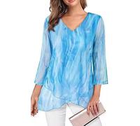 SHEKINI Damen V-Ausschnitt Leichte Mesh Tuniken Hemd Glockenärmeln 3/4 Ärmel Lässig Chiffonbluse Elegant Schnüren Chiffon Rüschen Asymmetrischer Saum Damenbluse