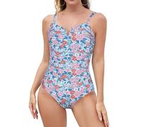 SHEKINI Frauen Bauchkontrolle Einteiliger Badeanzug V-Wired Monokini Vintage Shirred Badeanzug (XL, Hellblauer Druck)