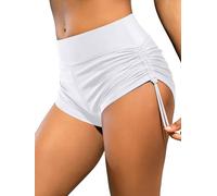 SHEKINI Frauen Bikini Bottom hohe Taille Schwimmen Kurze Seite Krawatte Geraffte Badeanzug Junge kurz (Weiß,L)