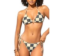SHEKINI Frauen brasilianische Zweiteilige Badeanzug Halter Triangle Bikini Set Seite Krawatte Tanga Badeanzüge (XL, Schwarz-Aprikose-Gitter)