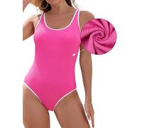 SHEKINI Frauen Sport EIN Stück Badeanzug abnehmbar gepolstert Badeanzug Farbe Block gerippt hoch geschnittene Bademode(Helles Rosa,XL)