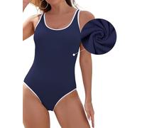 SHEKINI Frauen Sport EIN Stück Badeanzug abnehmbar gepolstert Badeanzug Farbe Block gerippt hoch geschnittene Bademode(Marineblau,S)