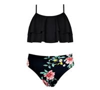 SHEKINI Mädchen Zweiteiliger Badeanzug Rüschen Verstellbare Gedruckt Tankini Oberteil mit Bikinihose Bikini Teenager für 6-14 Jahre (10-12 Jahre, Schwarze Blumen)