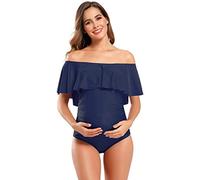 SHEKINI Maternity Einteiliger Badeanzug Damen Rüschen Bandeau Ruched Verstellbarer Bikini Grosse Grössen Umstandsbadeanzug Einteiliger Bikini Schwangerschaft(Large, Dunkelblau)