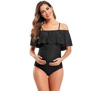 SHEKINI Maternity Einteiliger Badeanzug Damen Rüschen Bandeau Ruched Verstellbarer Bikini Grosse Grössen Umstandsbadeanzug Einteiliger Bikini Schwangerschaft(Large, Schwarz)
