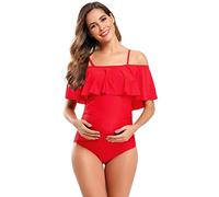 SHEKINI Maternity Einteiliger Badeanzug Damen Rüschen Bandeau Ruched Verstellbarer Bikini Grosse Grössen Umstandsbadeanzug Einteiliger Bikini Schwangerschaft(X-Large, Rot)