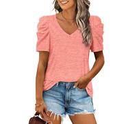 Shen&Qege Damen-Sommer-Shirt, V-Ausschnitt Shirt Elegant Blusentop, lässige T-Shirts, Puffärmel-Tops für Damen