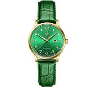 SHENGKE SK Klassische Business Damenuhren mit Edelstahlband und eleganter Damenuhr aus echtem Leder (Gold-Green)