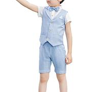 Shengwan 4 Stück Kinder Junge Anzug Hochzeit Anzüge Weste + Kurzarm Hemd + Kurze Hose + Fliege Kinderanzug Festlich Outfit Blau 5-6 Jahre