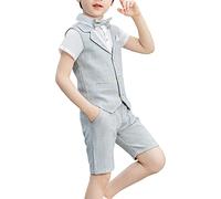 Shengwan 4 Stück Kinder Junge Anzug Hochzeit Anzüge Weste + Kurzarm Hemd + Kurze Hose + Fliege Kinderanzug Festlich Outfit Grau 8-9 Jahre