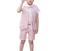 Shengwan 4 Stück Kinder Junge Anzug Sommer Hochzeit Anzüge Weste + Kurzarm Hemd + Kurze Hose + Bowtie Kinderanzug Festlich Outfit Pink 120cm