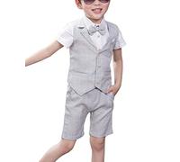 Shengwan 4 Stück Kinder Junge Anzug Sommer Hochzeit Anzüge Weste + Kurzarm Hemd + Kurze Hose + Bowtie Kinderanzug Festlich Outfit Hellgrau 110cm