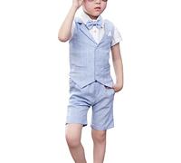 Shengwan 4 Stück Kinder Junge Anzug Sommer Hochzeit Anzüge Weste + Kurzarm Hemd + Kurze Hose + Bowtie Kinderanzug Festlich Outfit Hellblau 130cm