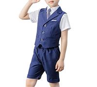 Shengwan 4 Stück Kinder Junge Anzug Sommer Hochzeit Anzüge Weste + Kurzarm Hemd + Kurze Hose + Krawatte Kinderanzug Festlich Outfit Blau 7-8 Jahre