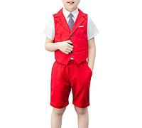 Shengwan 4 Stück Kinder Junge Anzug Sommer Hochzeit Anzüge Weste + Kurzarm Hemd + Kurze Hose + Krawatte Kinderanzug Festlich Outfit Rot 8-9 Jahre