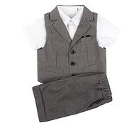 Shengwan 4 Stück Kinder Junge Anzug Sommer Hochzeit Anzüge Weste + Kurzarm Hemd + Kurze Hose + Krawatte Kinderanzug Festlich Outfit Grau 8-9 Jahre