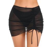 SHERRYLO Badeanzug für Damen, Kordelzug, gerüscht, durchsichtig, Baderock, Strand-Mesh-Badeanzug, sexy Bikini-Überzug, Transparentes Schwarz, Medium