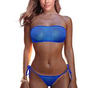 SHERRYLO, extrem durchsichtiger Micro-Bikini, Bandeau-Oberteil, brasilianischer Mini-Tanga, Mesh-Gewebe, Blau, Einheitsgröße