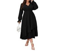 SHESTARR Damen-Maxikleid in Übergröße, für Hochzeitsgäste, Cocktailkleid, Wickeloptik, V-Ausschnitt, lange Ärmel, Rüschensaum, geteiltes langes Kleid, Schwarz, XXX-Large Mehr