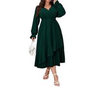 SHESTARR Damen-Maxikleid in Übergröße, für Hochzeitsgäste, Cocktailkleid, Wickeloptik, V-Ausschnitt, lange Ärmel, Rüschensaum, geteiltes langes Kleid, Smaragdrün, XXX-Large Mehr