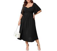 SHESTARR Damen-Midikleid, Übergröße, Herzausschnitt, kurze Ärmel, Hochzeitsgast, Cocktailkleid, A-Linie, fließendes Kleid, Schwarz, 4XL