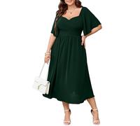 SHESTARR Damen-Midikleid, Übergröße, Herzausschnitt, kurze Ärmel, Hochzeitsgast, Cocktailkleid, A-Linie, fließendes Kleid, Smaragdrün, XX-Large Mehr