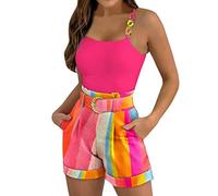 shesuseke Damen Shorts Set Ärmelloses Weste Top Elegant Sommer Top und Shorts Blumendruck Gürtel Set Bussiness Outfit Sexy Kurz Bekleidung Hosenanzug Slim Fit Streetwear Blazer Anzüge Kombi