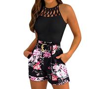shesuseke Damen Shorts Set Ärmelloses Weste Top Elegant Sommer Top und Shorts Blumendruck Gürtel Set Bussiness Outfit Sexy Kurz Bekleidung Hosenanzug Slim Fit Streetwear Blazer Anzüge Kombi