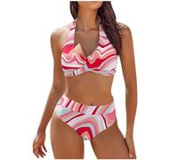 Shffuw Badeanzug Damen Bikini Set Tummy Control V Neck Halterneck Schwimmanzug Damen Neckholder Rückenfrei Bauchweg High Waist Bikini Set Push Up Sexy V Ausschnitt Zweiteiliger Badeanzüge Bademode
