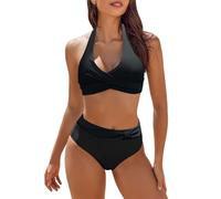 Shffuw Badeanzug Damen Bikini Set Tummy Control V Neck Halterneck Schwimmanzug Damen Neckholder Rückenfrei Bauchweg High Waist Bikini Set Push Up Sexy V Ausschnitt Zweiteiliger Badeanzüge Bademode