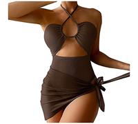 Shffuw Damen Bikini Hose High Waist 2023 Frauen-Bikini-Set gedrucktes ärmelloses dreiteiliges Strand-Abnutzungs-heißes reizvolles Badeanzug Madchen 128 Badeanzug Mit Rock (Coffee, XL)