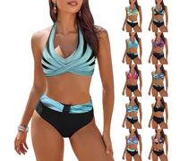 Shffuw Women's Bikini Set Tummy Control V Neck Halterneck Wrap Look High Waist Two Piece Swimsuit Crossed Floral Pattern Swimwear Bikini Top + Bottoms Womens Sets Badeanzüge für Damen