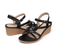 SHIBEVER Keilsandalen für Damen, elegant: Sommer, niedrige Keilabsätze, bequeme, offene Zehensandalen, 54 Black, 37 EU