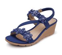 SHIBEVER Keilsandalen für Damen, elegant: Sommer, offener Zehenbereich, niedrige Plateau-Sandalen, Keilabsatz, elastisch, Knöchelriemen, Blume, bequeme Freizeitschuhe, 1805 - Marineblau, 40 EU