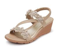 SHIBEVER Keilsandalen für Damen, elegant: Sommer, offener Zehenbereich, niedrige Plateau-Sandalen, Keilabsatz, elastisch, Knöchelriemen, Blume, bequeme Freizeitschuhe, 1805-Beige, 39 EU