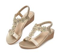SHIBEVER Keilsandalen für Damen, elegant: Sommer, Plateau, bequem, niedrige Keilabsätze, Damensandalen, Champagner, 37 EU