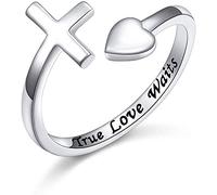 Shineyou Personalisierter Glaubensring aus 925er-Sterlingsilber für Damen, verstellbarer Herz-Kreuz-Ring, stapelbar, christlich-religiöser Ring in Silber