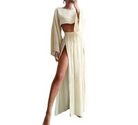 SHINROAD Bauchfreies Oberteil mit Glockenärmeln, schrägem Ausschnitt, 2-teiliges Set, Damen, lang, kurz, hohe Taille, geteilt, einfarbig, Urlaub, Strand, Bikini, aprikose, M