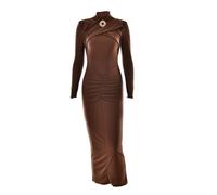 SHINROAD Damen-Langarmkleid, Abschlussball-Outfit, Damen, aushöhlen, figurbetont, mit Metallschnalle, gerüscht, elastische Taille, reine Farbe, Midi für Party-Abend Kaffee S