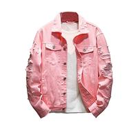 SHINROAD Herren Jeansjacke Jeans Ripped Hole Einfarbig Umlegekragen Streetwear Herbst Winter Lose für Reisen Rosa XL