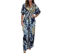 SHINROAD Jumpsuit mit Pflanzendruck, weites Bein, floraler Jumpsuit mit V-Ausschnitt, elastisch, hohe Taille, lässig, einteiliges Outfit für Sommer, Strand, blau, XXXL