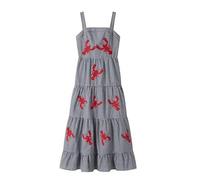 SHINROAD Locker geschnittenes plissiertes Midi-Kleid, Alltagskleidung, bestickt, Straps-Sommer, Damen, Hummer-Stickerei, ärmellos, kariert, quadratischer Ausschnitt, A-Linie, Schwarz , L