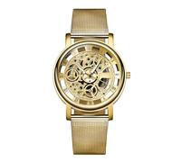 SHINROAD Quarz-Uhrwerk, Skelett-Zifferblatt, Unisex, ausgehöhlt, Nachahmung, mechanisch, einfarbig, Edelstahl, luxuriös, genaue Zeit, rund, goldfarben, Zifferblatt-Stil