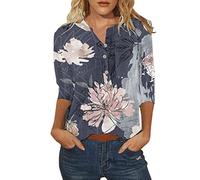 Shirt 3/4 Arm Damen - Bluse Damen Elegant -Blusenshirt Damen Kurzarm Sommer Oberteile Knopfleiste V-Ausschnitt T-Shirt Hemd mit Aufdruck Leicht Lässig Locker Hemdbluse Blusen & Tuniken für Frauen