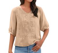 Shirt Damen 3/4 Arm Baumwolle Leinenshirt Vintage Bestickt Oberteile V-Ausschnitt Leinen Top mit Abnähern T-Shirt Leicht and Luftig Shirts Musselin Sommershirts Casual Locker T Shirt Sommertop